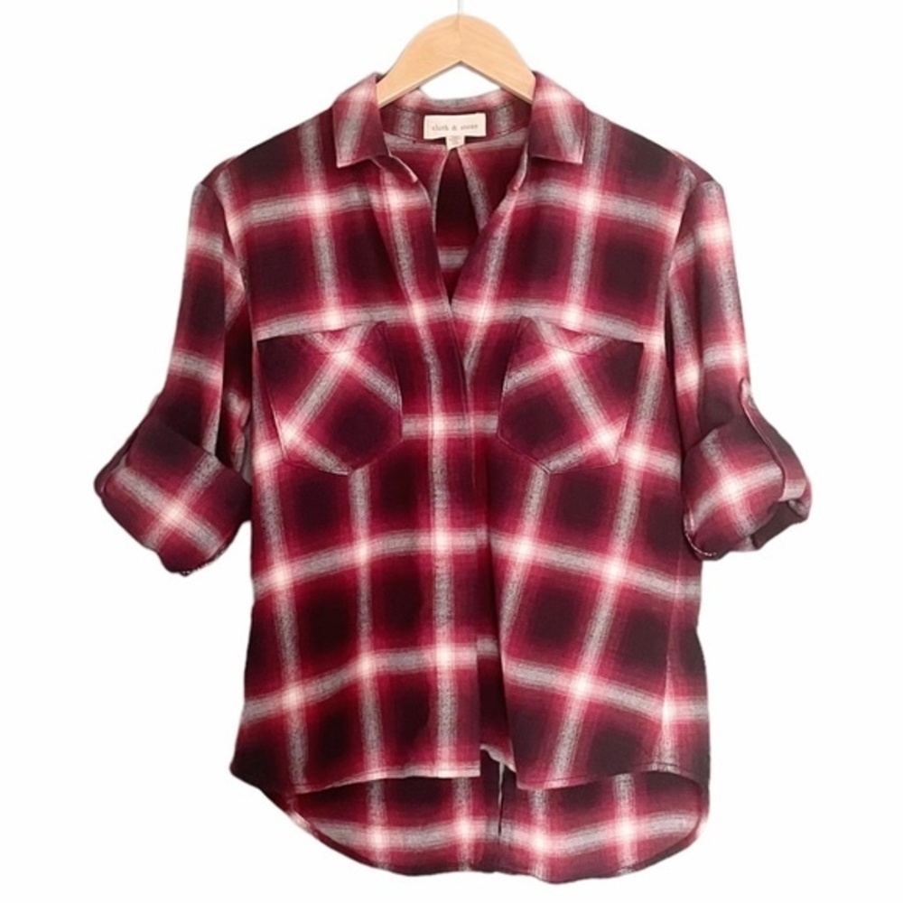 Anthropologie Cloth & Stone Cranberry Plaid Flannel Button Front Blouse Size XS